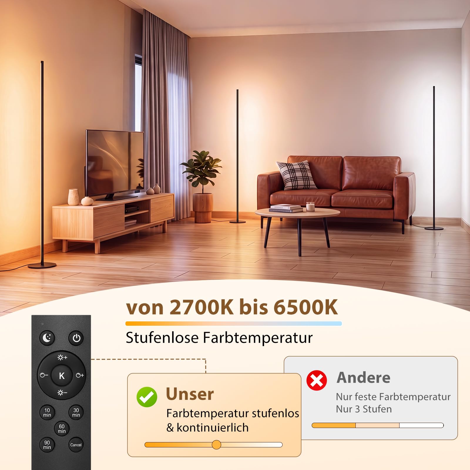 LED Stehlampe Wohnzimmer Dimmbar - 150cm Modern Stehlampe mit Fernbedienung 2700-6500K, Timing-Funktion Indirekte Beleuchtung Wohnzimmer Ecklampe für Schlafzimmer Gaming-Zimmer Deko Wohnzimmer-Schwarz