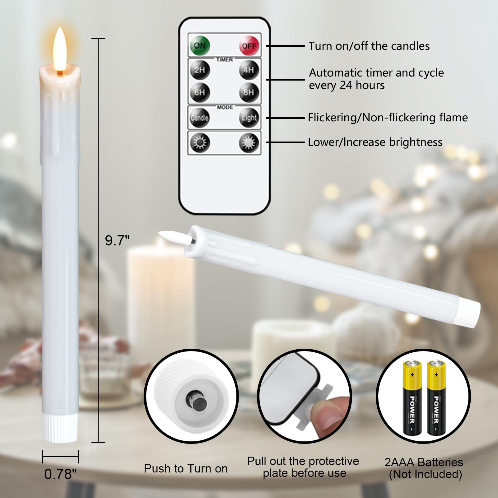 Velas cónicas sin llama parpadeantes con control remoto y temporizador, funciona con pilas, vela cónica LED de cera real, mecha 3D, cena, boda, Navidad, vacaciones, decoración interior