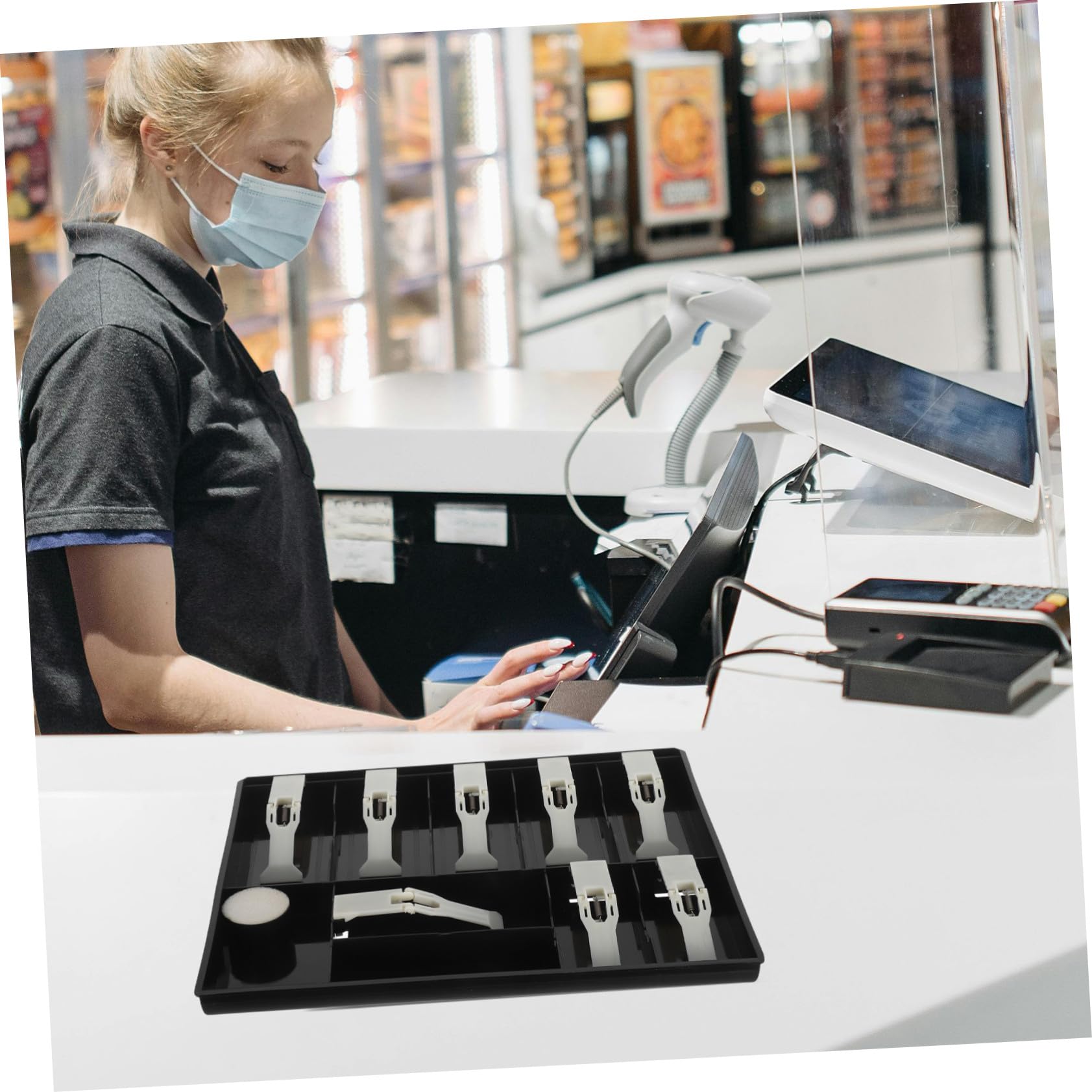 Scatola Portamonete Multi-scomparto in Plastica Nera per Cassa di Negozio, Organizer per Banconote con Chiusure a Clip e Meccanismo di Accesso Rapido