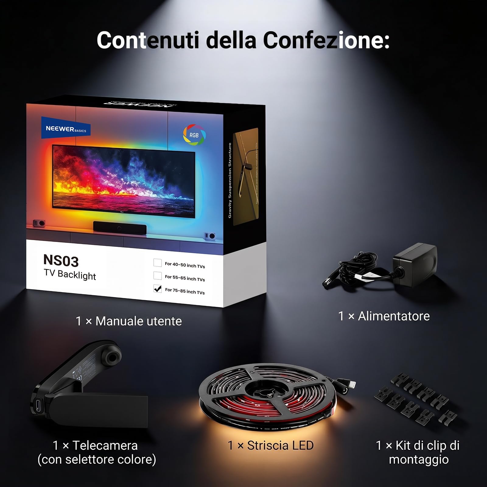 NEEWER BASICS Retroilluminazione LED per TV 75"-85",Striscia LED RGB 5m con Sensore Cambio con TV, On/Off Programmato,Sinc del Colore a Ritardo Zero,Sinc Musicale,24 Effetti Scena,Controllo App,NS03