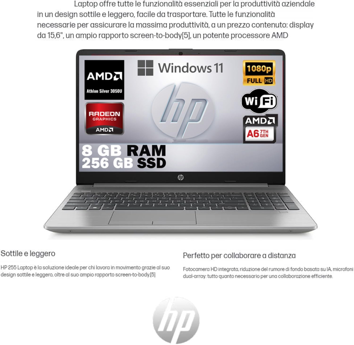 HP 255 G9, ANTEPRIMA 2024 Pc Computer portatile notebook, SILVER Amd 3050U A6, Ram 8 GB DDR4, SSD M2 256 Gb, Display 15.6" FHD, Win 11 Pro, Libre Office, MOUSE WIFI OMAGGIO