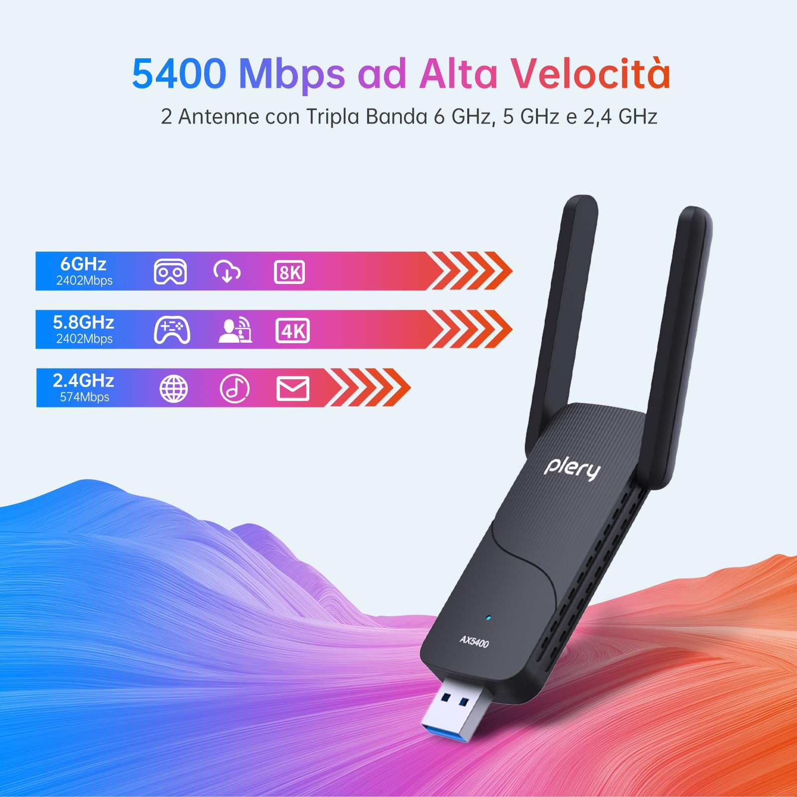 AXE5400 Chiavetta WiFi per PC Fisso, USB WiFi 6E con 2×6dBi Antennas, Potente Tri-Band 2,4/5/6GHz, Adattatore WiFi Supporta Windows 11/10, USB3.0, OFDMA, MU-Mimo, WPA3, Driver Integrato Semplice