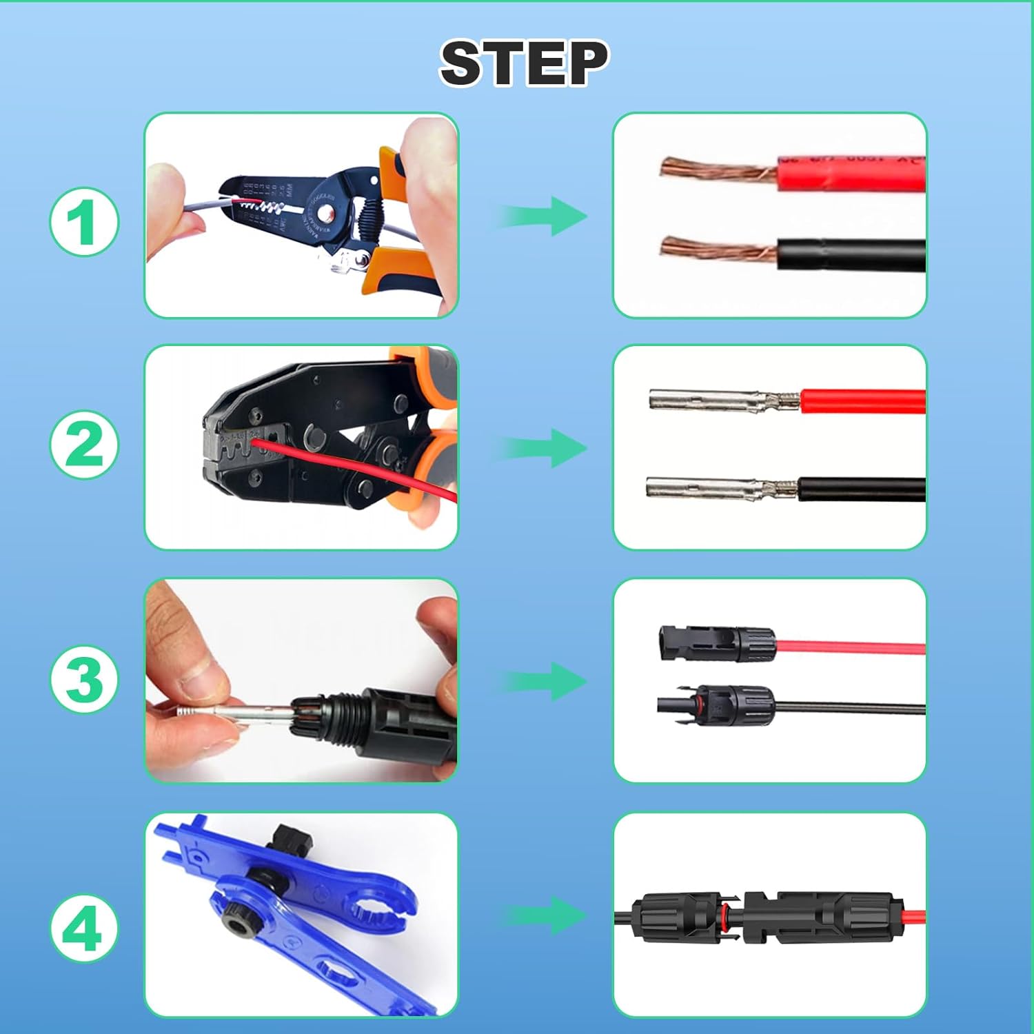 35PCS Solar Crimper Tool Kit, Solar Panel Cable MC4 Connectors 14-10AWG, 30 Pairs Male/Female Solar Connectors, 1PCS Solar Crimper, 1PCS Stripper, 2 PCS Spanner Wrench