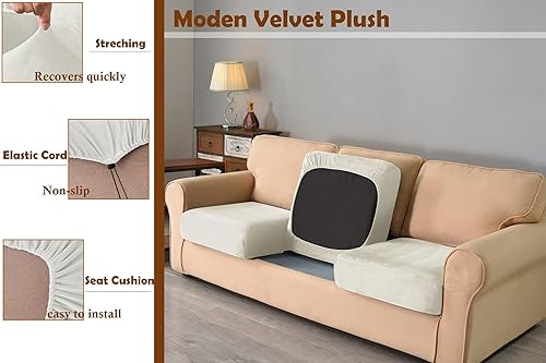 Miniatura 3 de 7 fundas de terciopelo de alta elasticidad para sofá de 3 cojines, protector de muebles lavable con cordón antideslizante en la parte inferior, tela