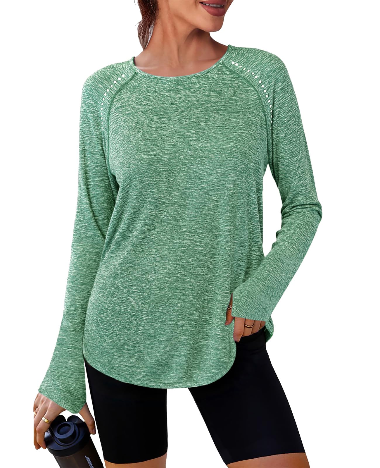 Crewhpo Sportshirt Damen Langarmshirt Sport Oberteil Rundhals Langarm T-Shirt Funktionsshirt UPF 50+ Laufshirt Leicht Atmungsaktiv Fitness Gym Yoga Top mit Daumenloch