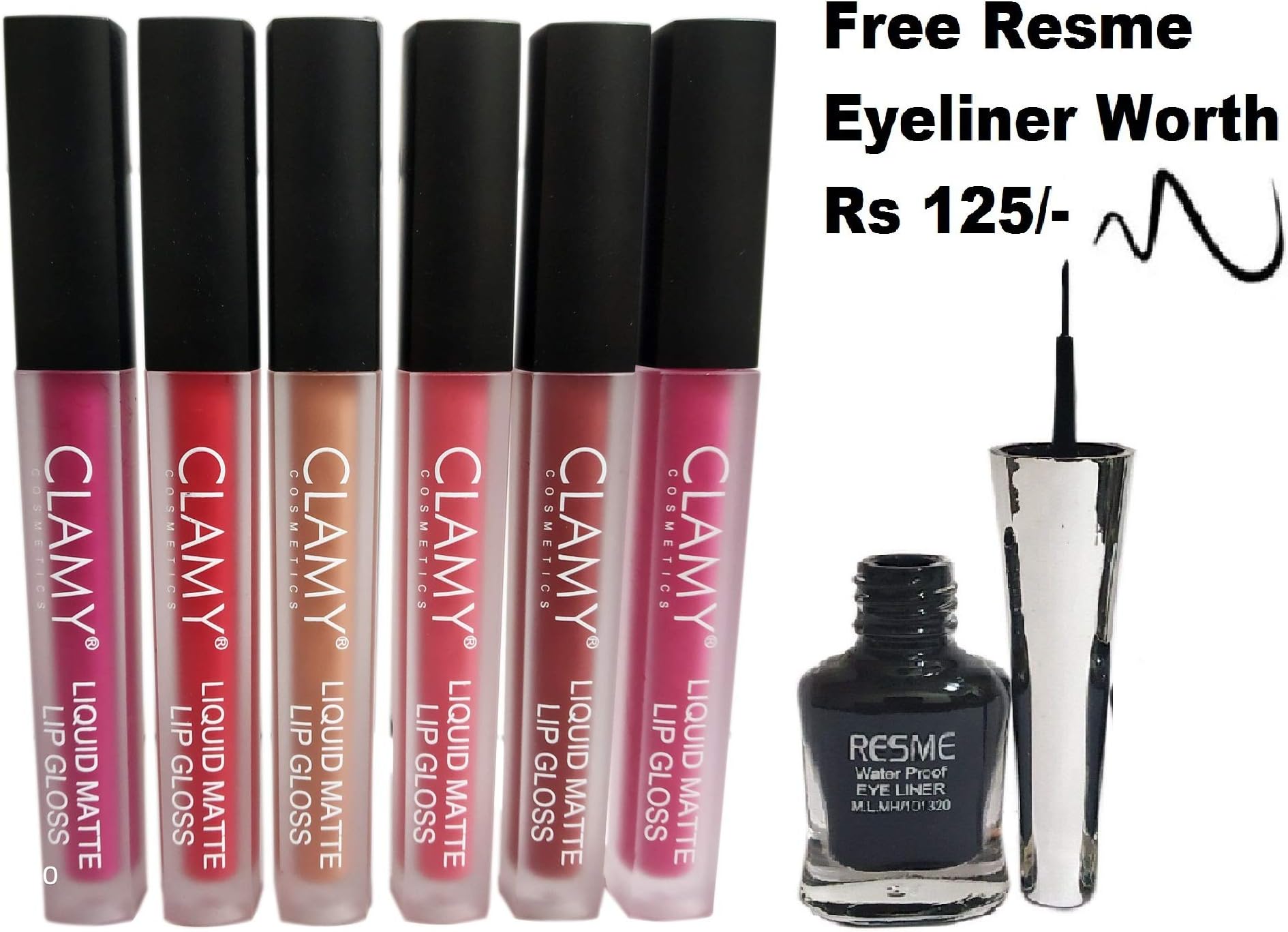Clamy Liquid Matte Lipgloss Lipstick Set of 6 - Pink Red Brown Shades (Free Resme Eyeliner)