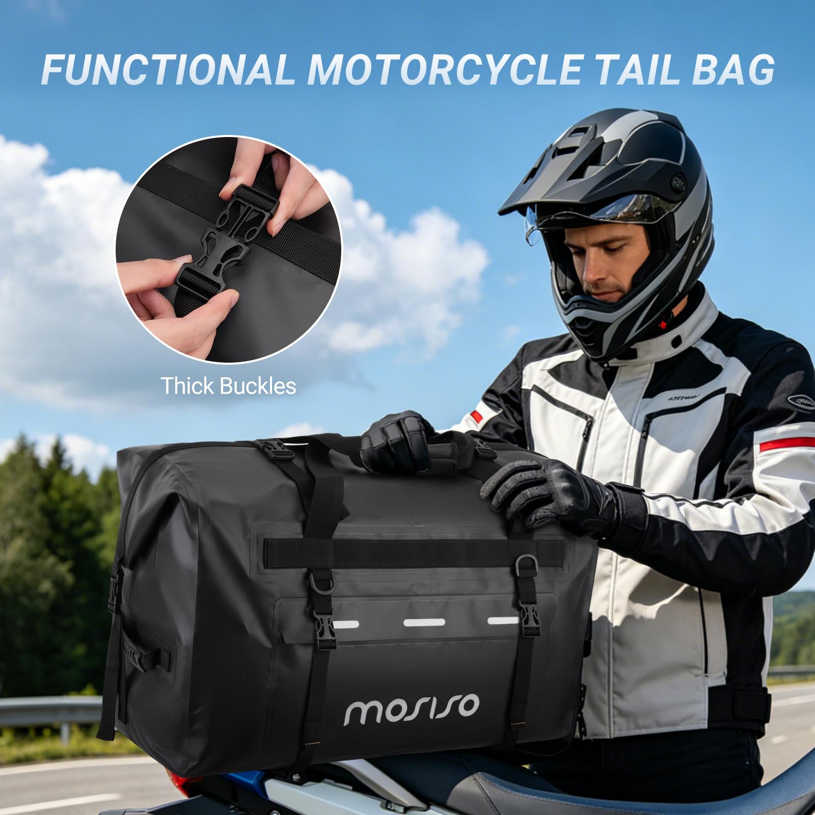 MOSISO Sac Moto Imperméable 60L, Grand Sac Coffre Arrière avec Bandoulières, Poches Zippées, 4 Sangles à Dégagement Rapide pour Moto Voyage Camping, Fermeture Enroulée, Noir