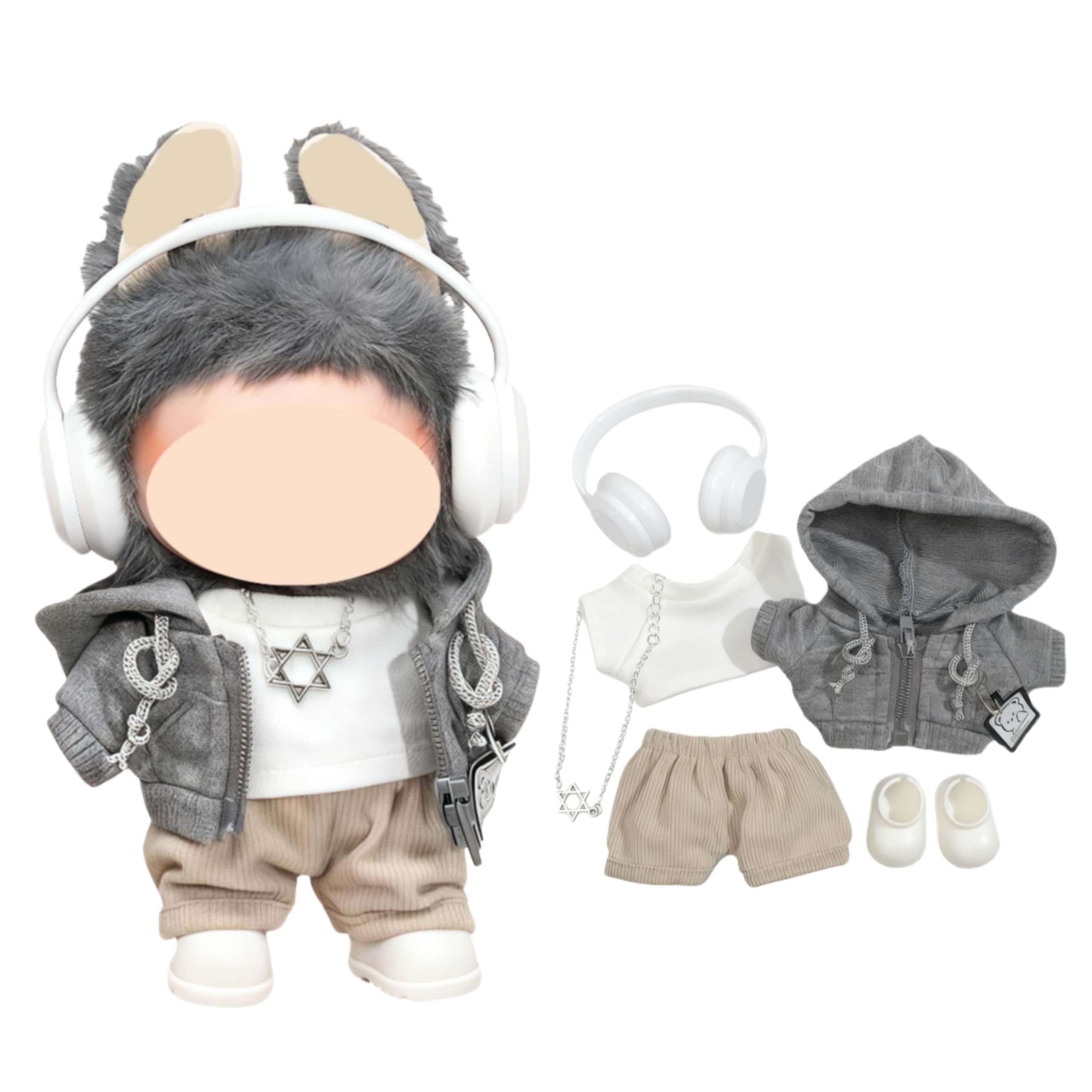 17cm Outfit Set Compatible with Labubu 6PCS Cute Trendy Streetwear Jacket Pants Shoes Headphones Necklace Gift (6PCS)