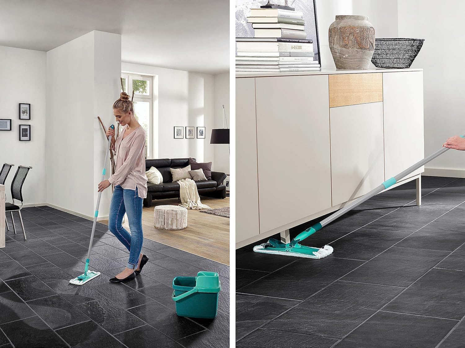 Leifheit Set Combi Clean M, seau et balai essoreur faciles d'utilisation, balais serpillière avec mécanisme d'essorage intégré, kit de lavage sol vert 55356