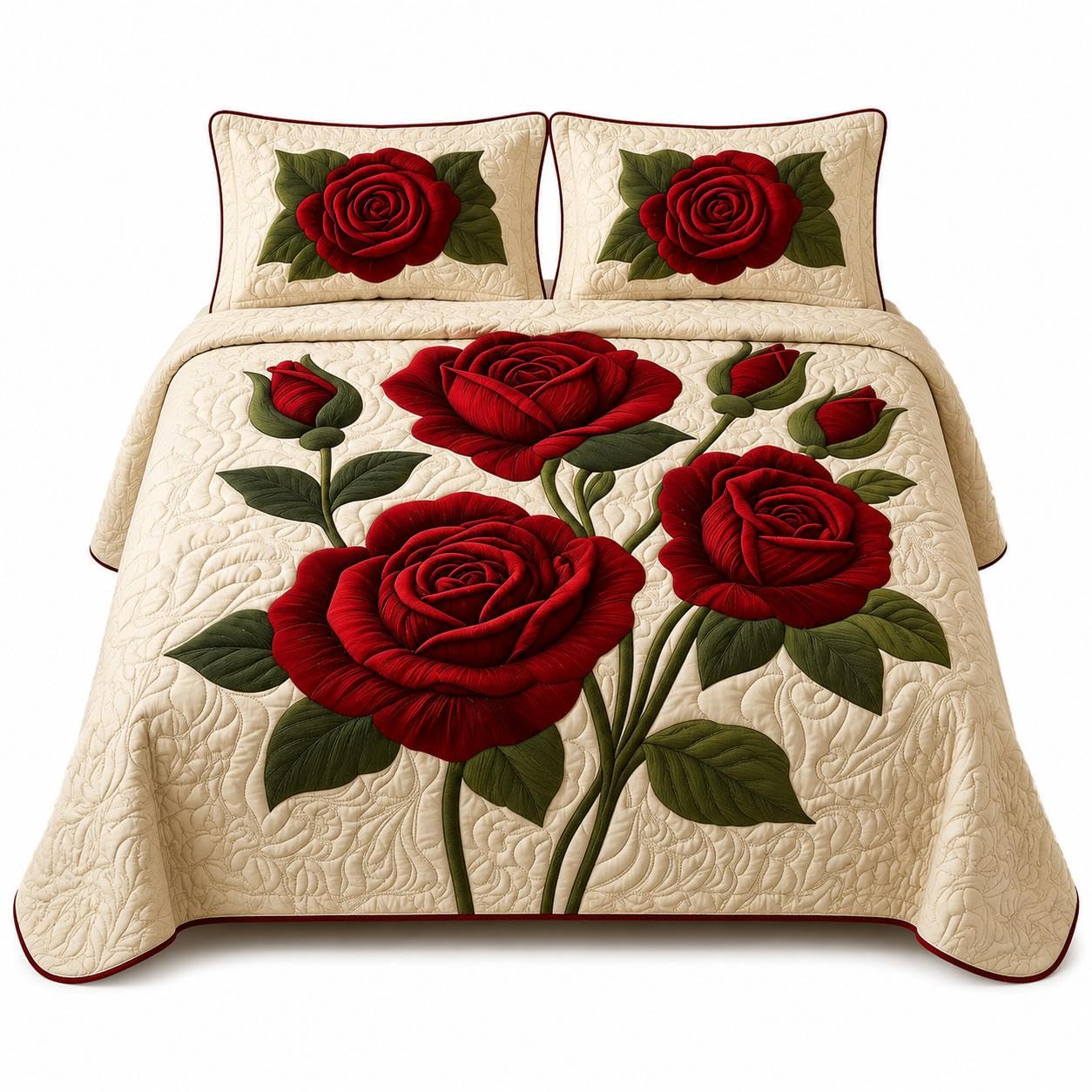 Red Rose Floral Digital Bedsheet Set, Cream Background | 3-Piece Bedding Set, 2 Pillow Shams, Floral Print, Bedroom Decor-image-7