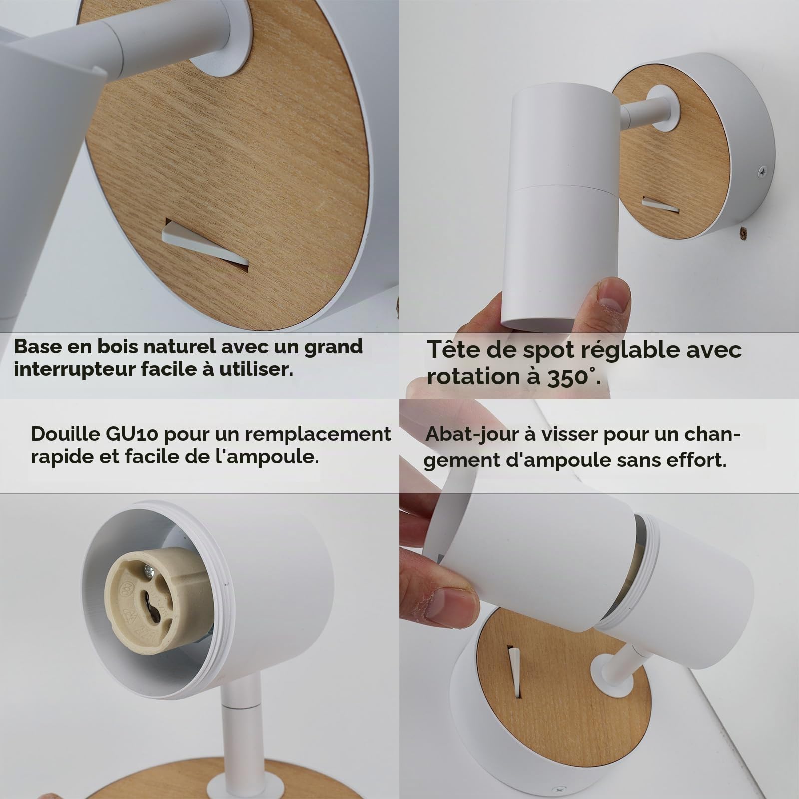 Alpinaluz Applique Murale GU10 à Tête Cylindrique Orientable 350°, Base Ronde Ø10 cm, Interrupteur Intégré, Blanc et Bois Naturel, Style Nordique, pour Lecture, Chambre ou Salon