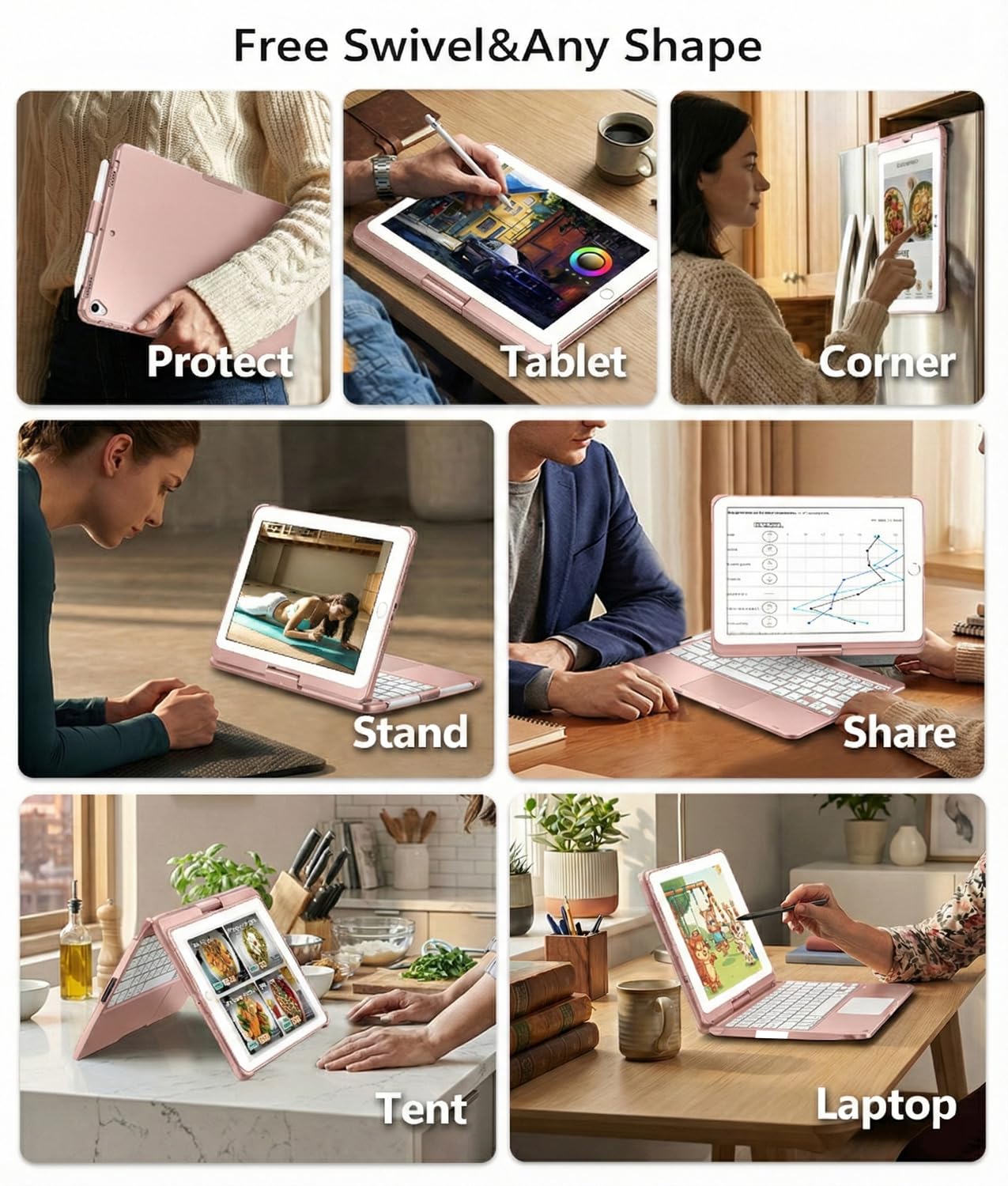 BABG iPad 9th Generation Case with Keyboard,360° Rotatable,Touchpad,Backlit Keyboard with Pencil Holder for 10.2 inch iPad 9th Gen 2021/ 8th Gen 2020/7th Gen 2019 and iPad Air 3/Pro 10.5"-: Rose Gold
