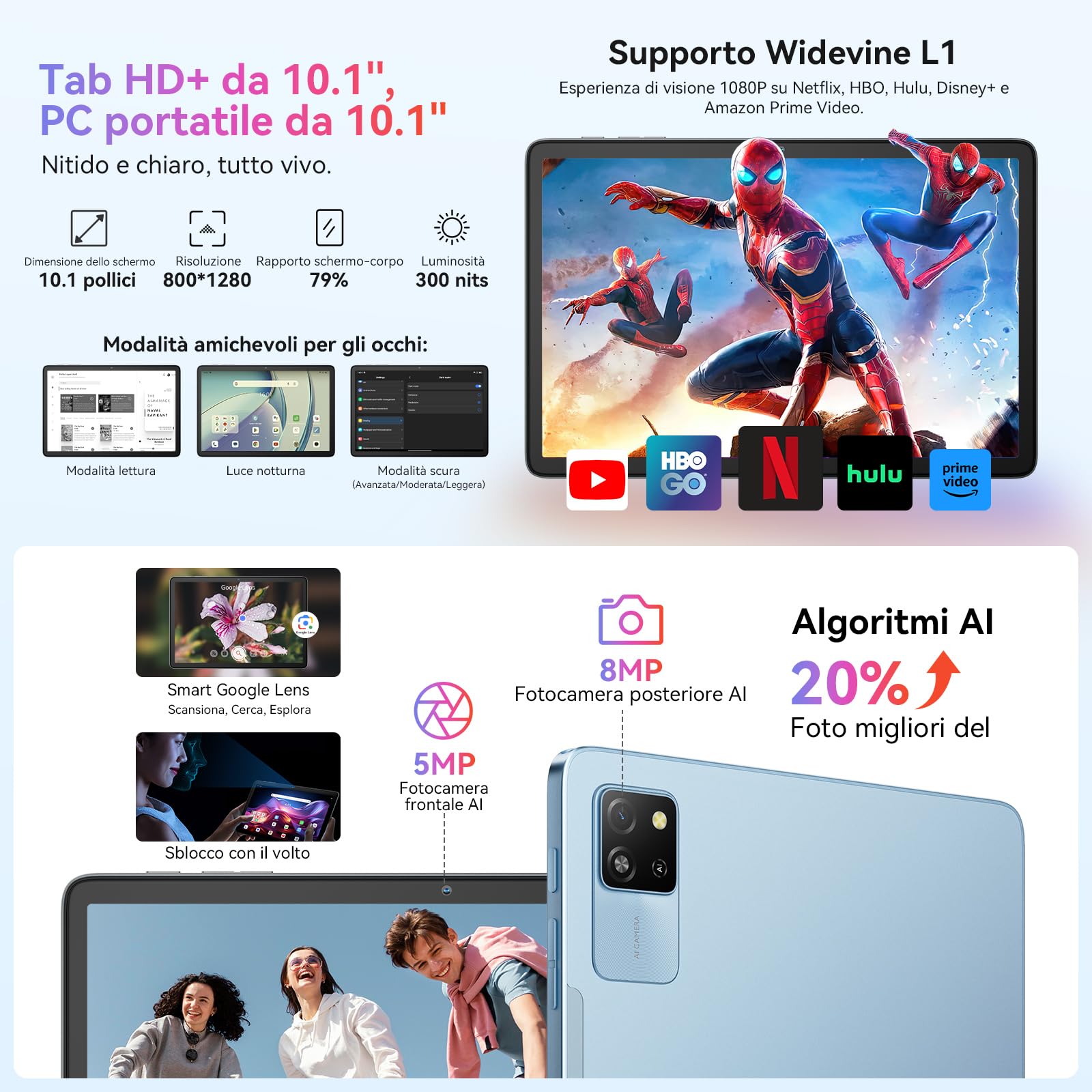 Blackview Android 15 Tablet Tab 60 Pro (2025), Tablet 10 Pollici, 12GB+128GB (TF 2TB), 5G Wi-Fi + Cellular, Octa Core T606, Batteria 7700mAh, Widevine L1/GPS/Face ID/AI Camera, Tablet Pc con Custodia