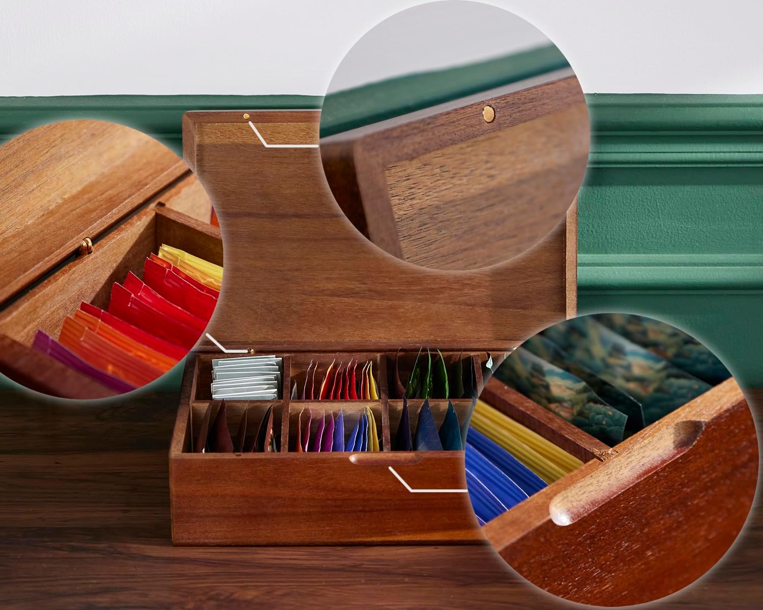 SEVENY Wooden Tea Bag Organizers, Largr Capacity Tea packet Storage Boxes, Decorative Vintage Handmade Teabag Holder Containers for Kitchen, Counter, Cabinet, Pantry and Office, 8 Compartments