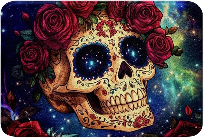 Erosebridal Sugar Skull Bathroom Rugs Gothic Skeleton Bones Bath Mat,Red Romantic Rose Doormats Floor Mats,Halloween Horror Theme Non Slip Bath Rug for Kids Boys Girls Teens Room Decor 16