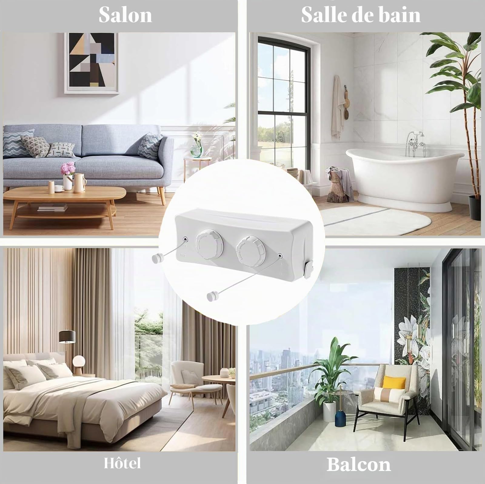 Corde à Linge Rétractable 5.1m,Fil à Linge Anti-Affaissement 20kg | Étendoir Linge Extérieur Mural Inox, Installation Facile pour Balcon, Salle de Bain, Camping (Blanc)
