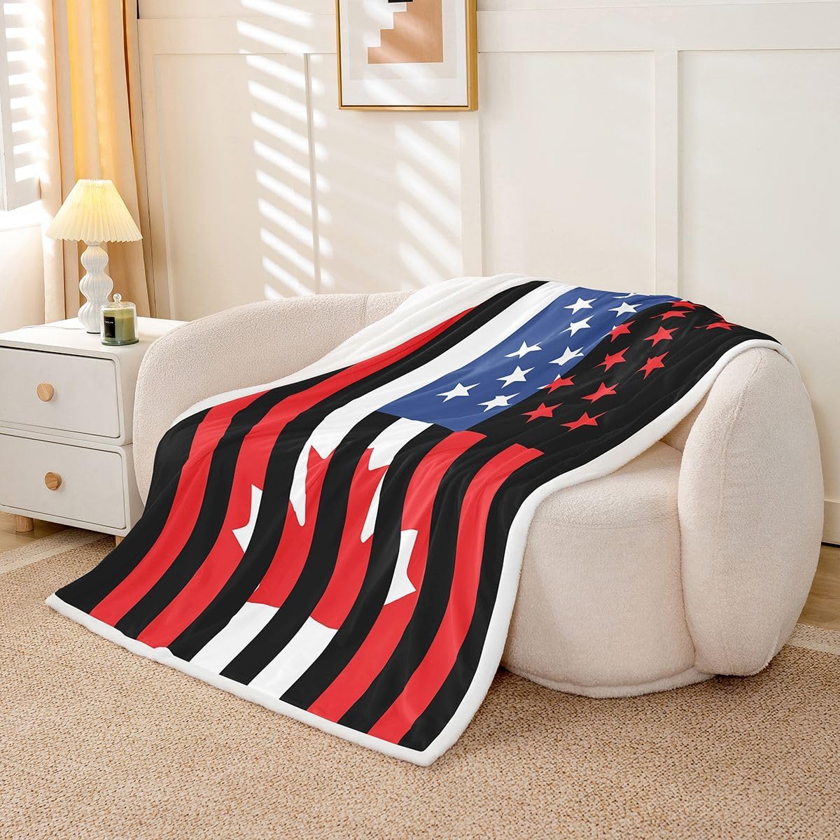 American Flag Throw Blanket, Canadian Flag Plush Bed Blanket Throw Size For Kids Boy Teen Adult, Usa Federations Stars Stripe Sherpa Blanket Canada Maple Leaf Fleece Blanket For Bed Couch, Black Red