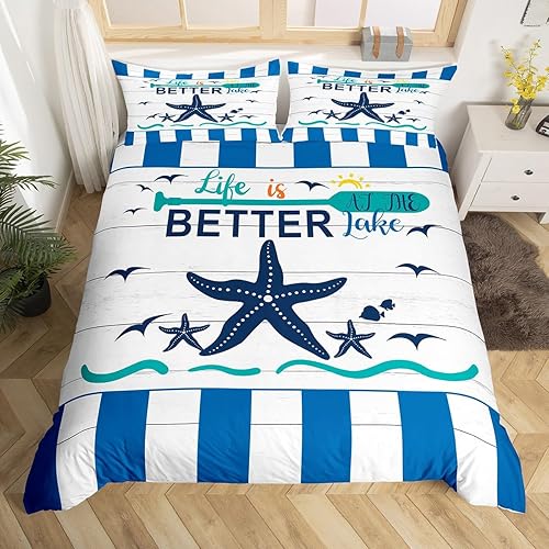 Lake House - Juego de funda de edredón para niños y niñas, juego de ropa de cama de remo náutico, funda de edredón de gaviota de mar costero, juegos