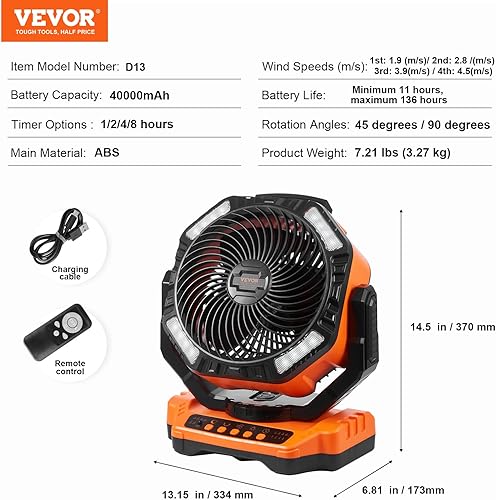 Miniatura 7 de VEVOR Ventilador de campamento de 40,000 mAh, ventilador a batería de 13 pulgadas, ventilador recargable portátil con 4 velocidades, oscilación