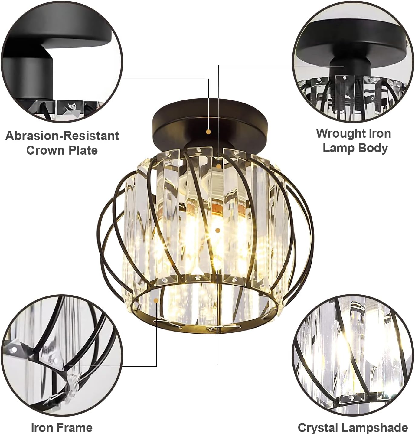 Black Flush Mount Crystal Chandelier Small Bathroom Chandelier Mid Century Modern Hallway Ceiling Light Fixtures for Entryway Bedroom Porch