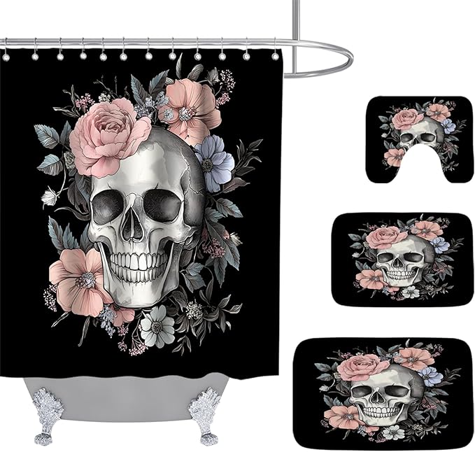 Halloween Gothic Floral Horror Sugar Skulls Decorative Shower Curtain Red Roses Black Sets 72
