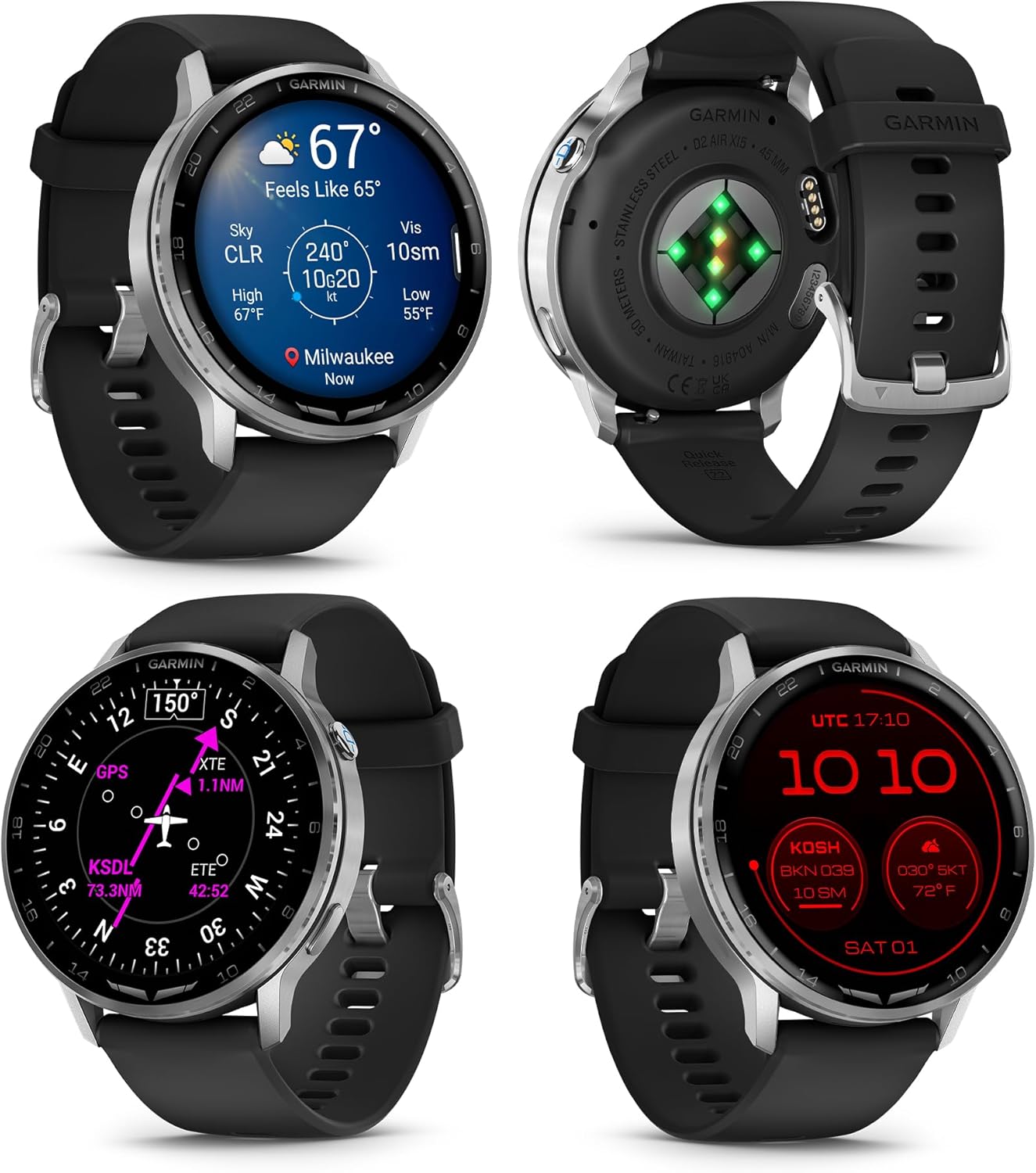 Garmin D2 Air X15 Aviation Smartwatch, AMOLED Touchscreen, GPS Direct-to Navigation, Aviation Weather, Built-in Flashlight, Silver with Black Silicone Band Bundle