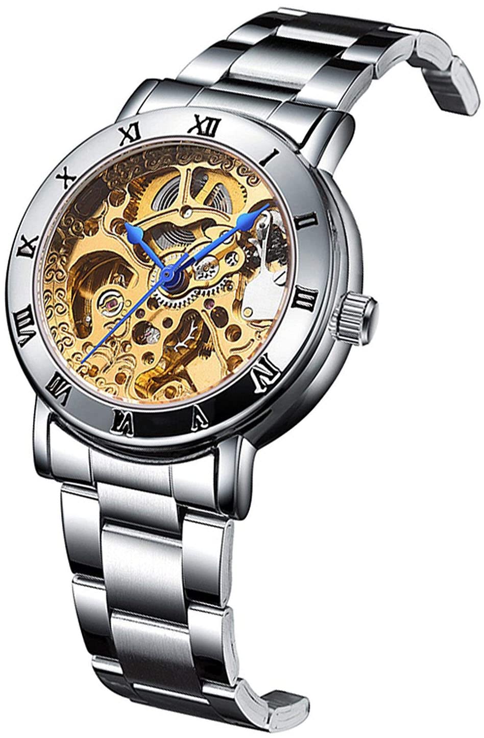 MASTOP Women's Watches Automatic Steampunk Self Winding Mechanical Silver Bracelet Ladies Skeleton Wrist Watch
