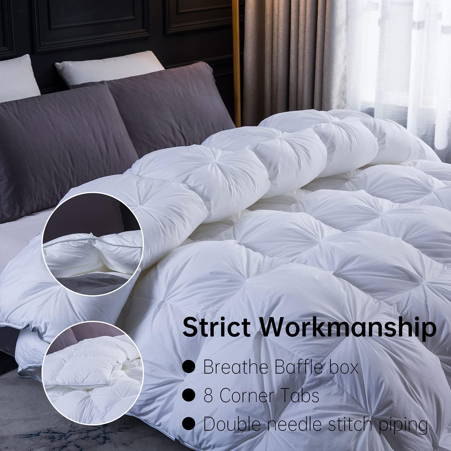 Three Geese Pinch Pleat Goose Feathers Down Comforter King Size Duvet Insert ,750+ Fill Power,1200TC 100%Cotton Fabric,Premium White Comforter for All Seasons with 8 Tabs.… : Home & Kitchen