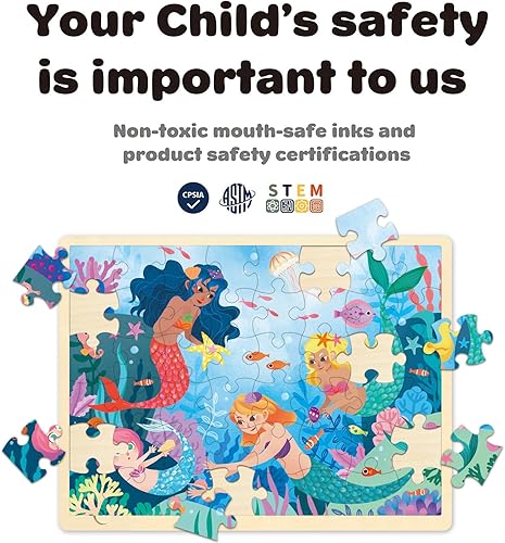 Miniatura 3 de Rompecabezas de 48 piezas para niños de 3 a 5 años, divertidos rompecabezas de madera de sirena para niños de 3 años con piezas de rompecabezas