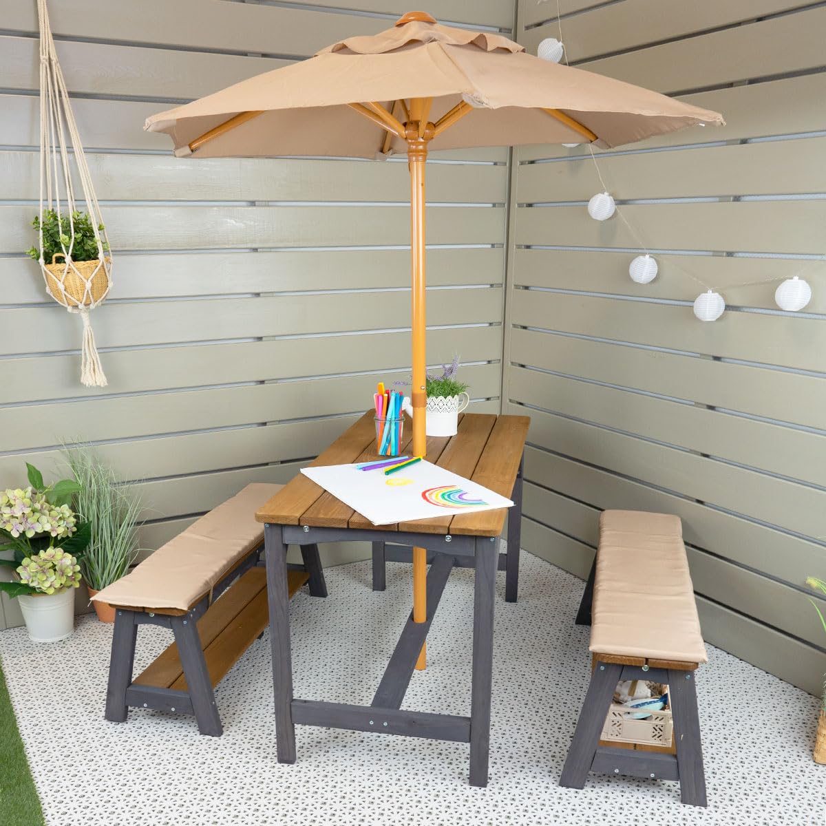 Meppi Salon de jardin Amrum avec parasol marron/anthranzite en bois - Salon pour enfants