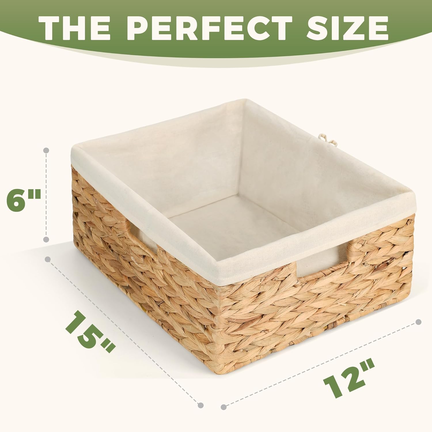 Wicker Shelf Storage Baskets for Organizing - Natural Water Hyacinth Woven Basket Organizers & Storage for Shelves w/Handles & Cotton Liner for Home & Pantry Decor Organization, Large 15” x 12” x 6” - Image 3