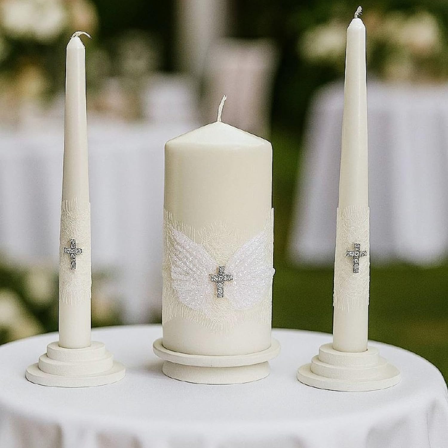 Unity Candle Set for Wedding - Wedding Unity Set for Reception and Ceremony - 6” Pillar Candle & Two 10” Taper Candles -Unity Candles- Marriage Unity Ritual-White | Cristal | Cross