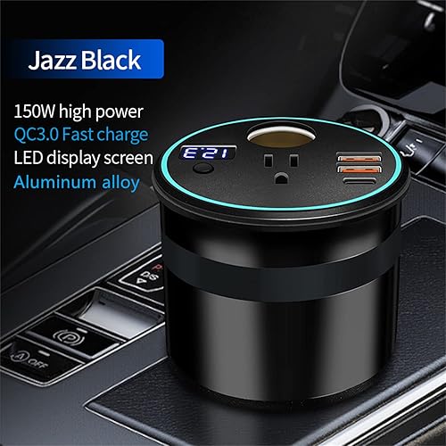 Miniatura 3 de XU Yuan - Inversor de corriente de 150 WPP300 W para vehículos (negro) Diseño de portavasos DC12V a 110V CA  Mini inversor de automóvil con doble