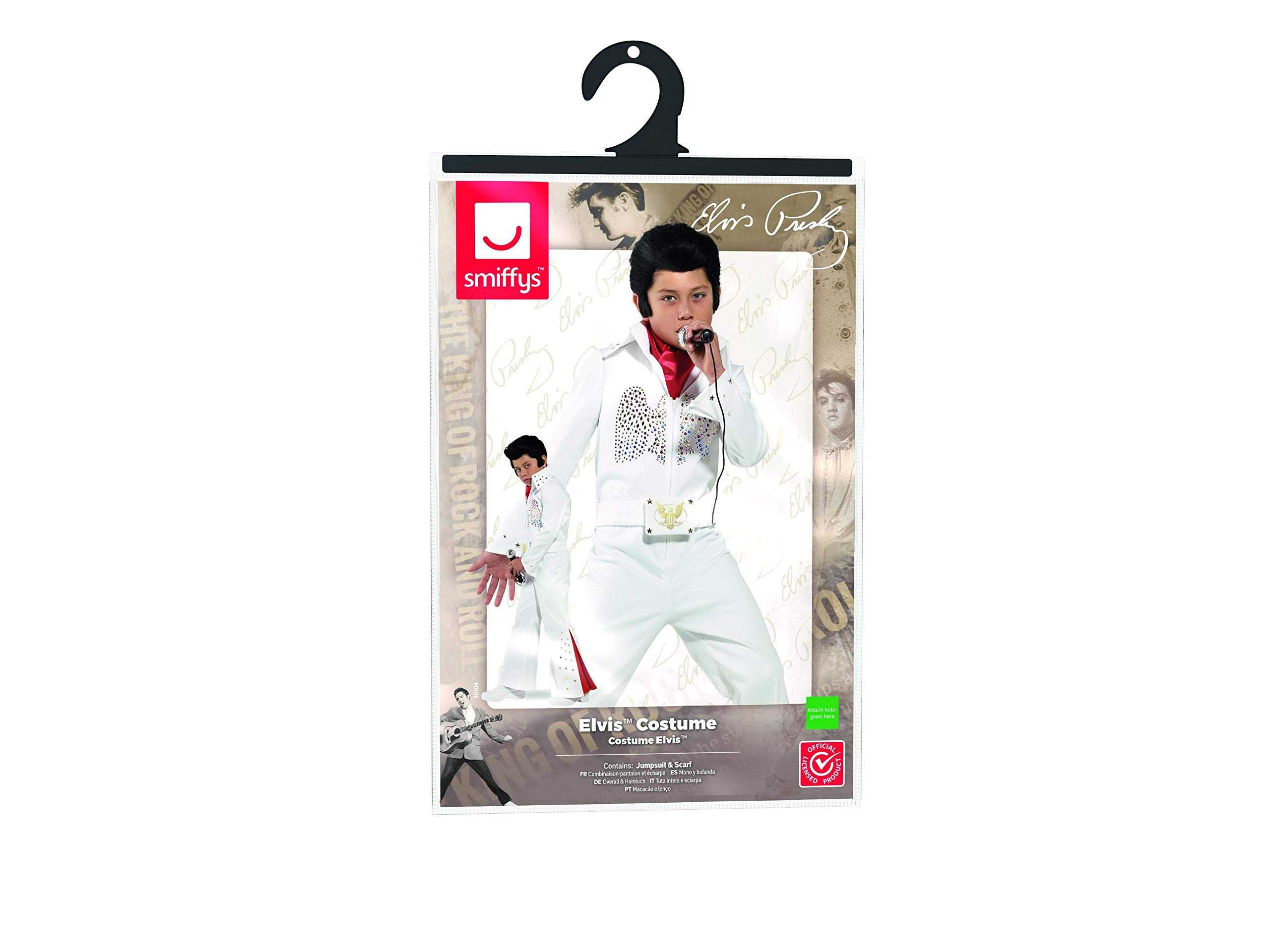 Smiffys Disfraz de Elvis, Blanco, con mono y bufanda Halloween, Carnaval