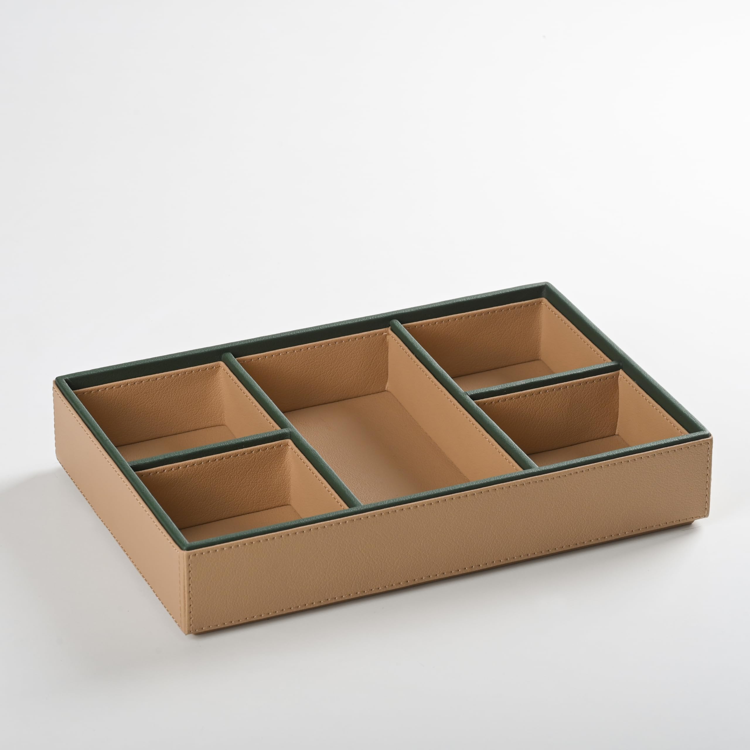 CASA BOTANICAL Desk Leather Organizer Tray with 4 Compartments Stylish | Perfect For Jwelry Organizer, Office, Study, Table, Bedside Tray, Cosmetic, and Decoration | Beige Multi-Functional 2