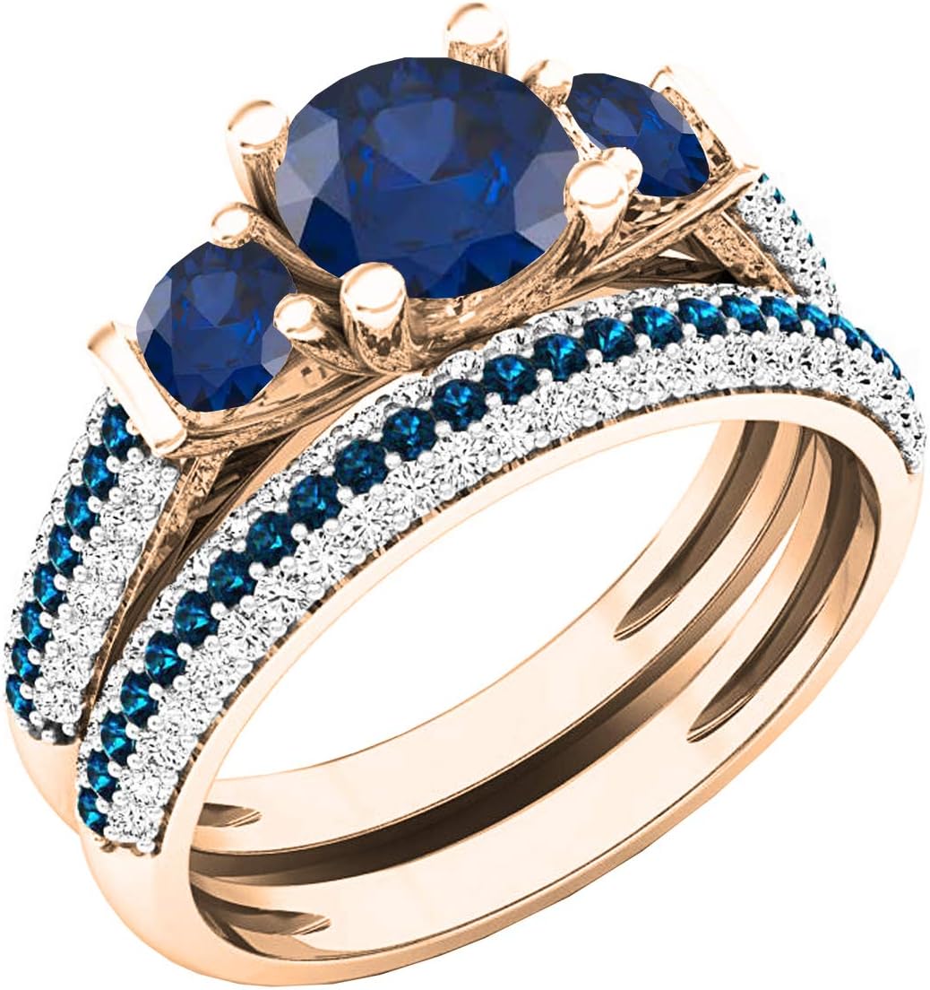 Dazzlingrock Collection Round Blue Sapphire with Blue & White Diamond 3 Stone Engagement Ring Set (5.5mm Centre Stone) for Women in 10K Solid Gold