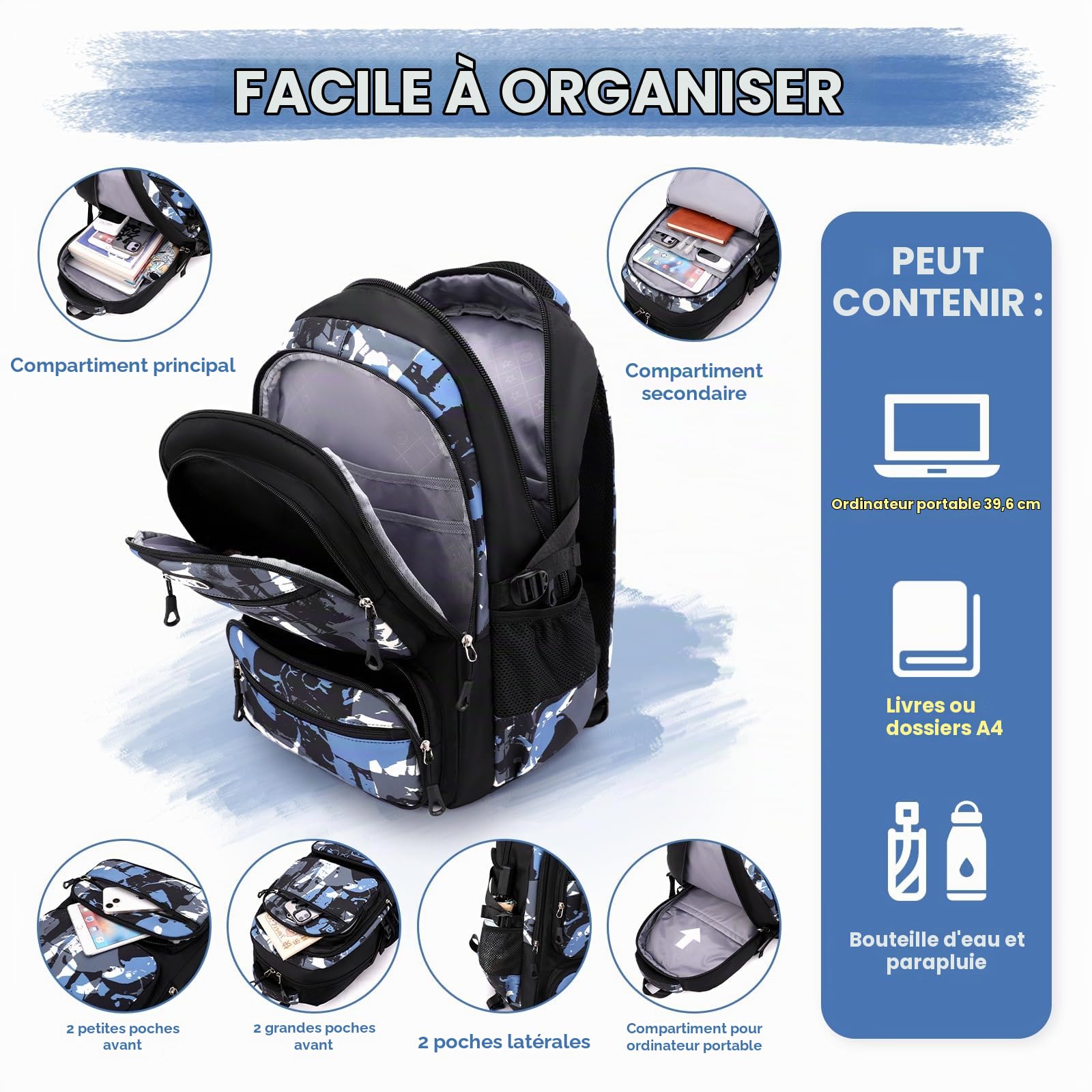 Amythe Sac à Dos pour Garçons, Cartable Primaire et Collège 40L, Sac d'École en Nylon Imperméable Léger et Spacieux pour Loisirs Voyage Scolaire, Idéal pour 10 à 22 Ans -Noir
