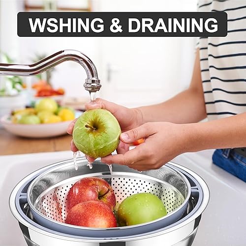 Miniatura 6 de E-far Colador con juego de tazones para mezclar, 4-1 coladores de acero inoxidable con ralladores para cocina, cuenco giratorio de colador de