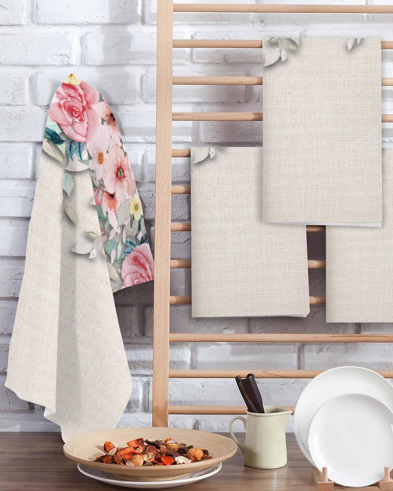 Painted Floral Hand Towels Set,Waffle Weave Kitchen Towels 2 Pieces,Microfiber Hair Face Bath Tea Towel Absorbent Quick Drying Cleaning Dish Cloths,Abstract Vintage Botanical Leaves Herb 15.7