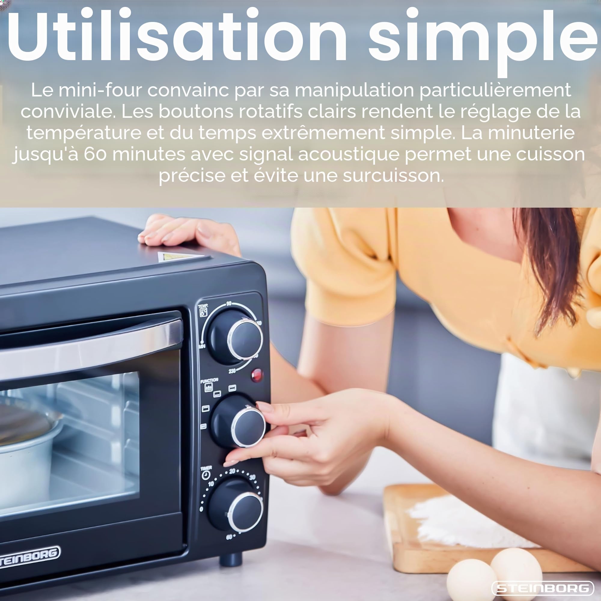 STEInBORG Mini four à pizza, 15 l, 3 en 1, mini four, plaque ramasse-miettes, chaleur de voûte et de sole, économe en énergie, minuterie 60 min