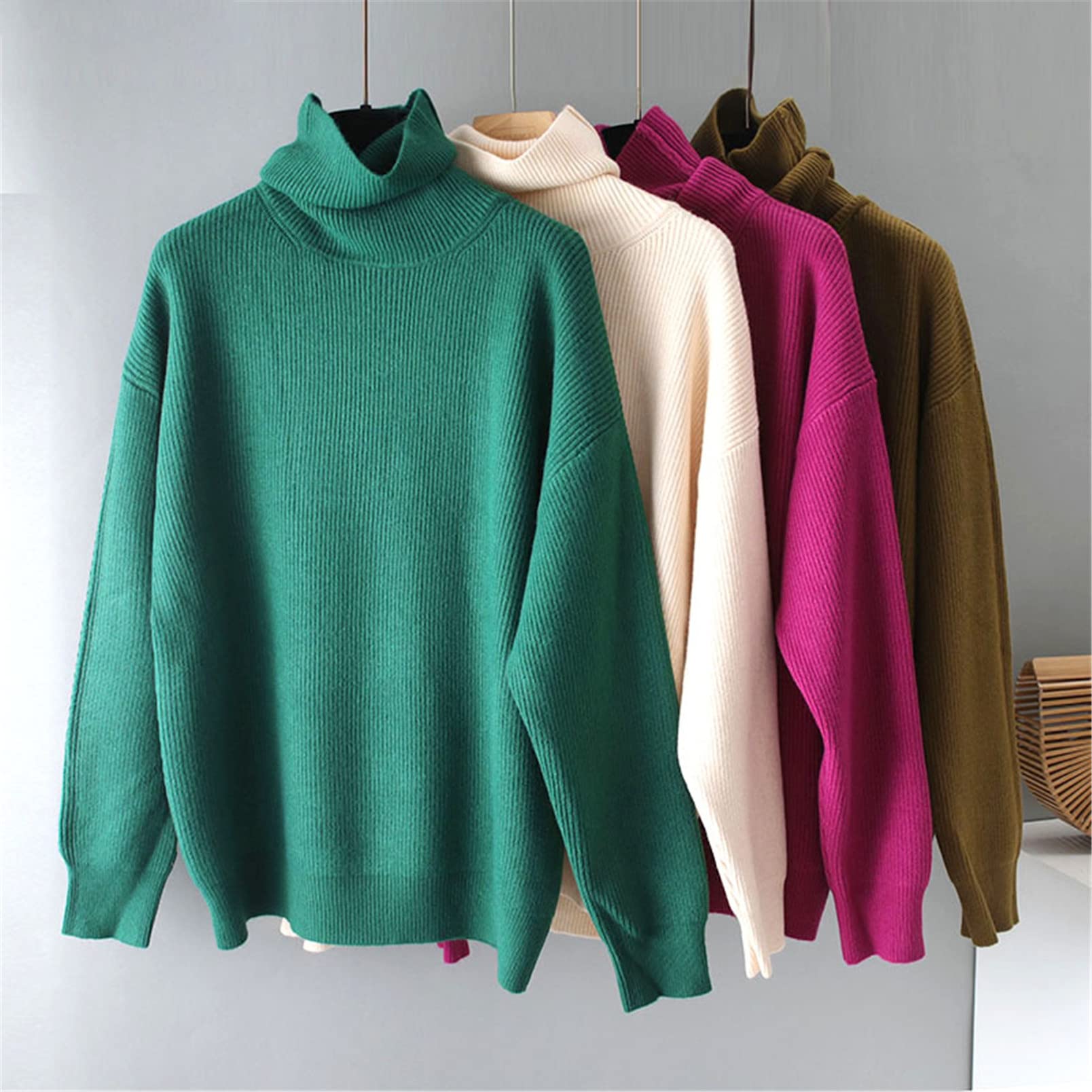 Suéter de lana de las mujeres Otoño Invierno Cálido Cuello de tortuga Casual Suelto Oversize Pullover Top