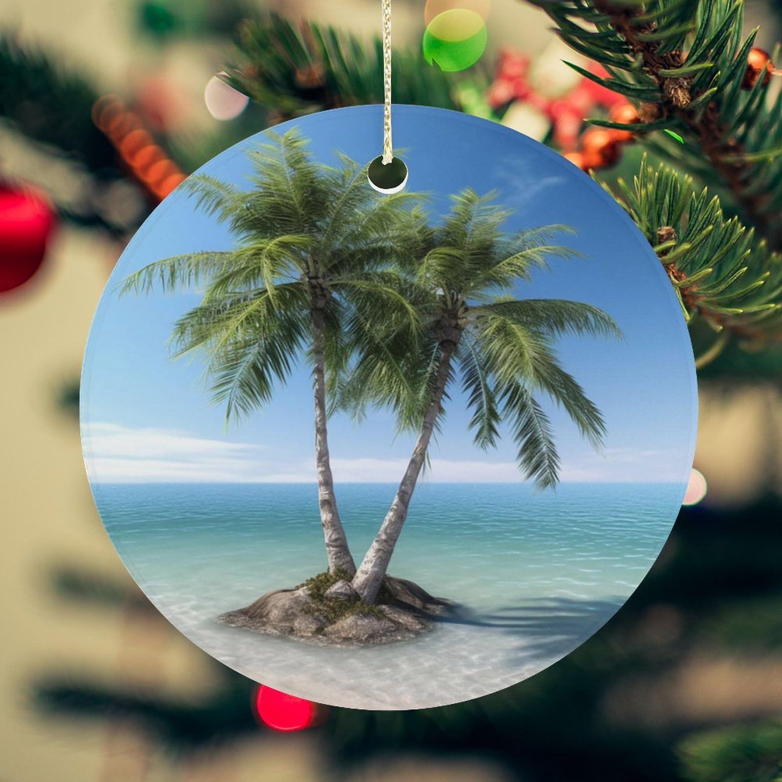 Sea Palm Trees Christmas Ornament for Christmas Tree Ceramic Round Ornament Winter Holiday Keepsake Gift 2.7" Christmas Tree Hanging Decorations Circle Ceramic Pendant Xmas Gift