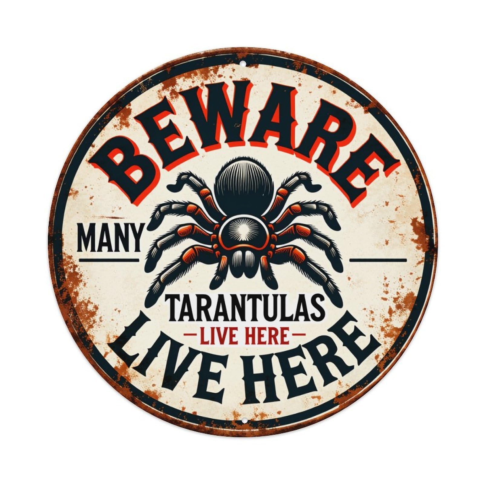 Beware Many Tarantulas Live Here Round Tin Sign Vintage Metal Poster Retro Bar, Home, Man Cave, Kitchen, Laundry Room Wall Art Decor Gift 8x8Inch