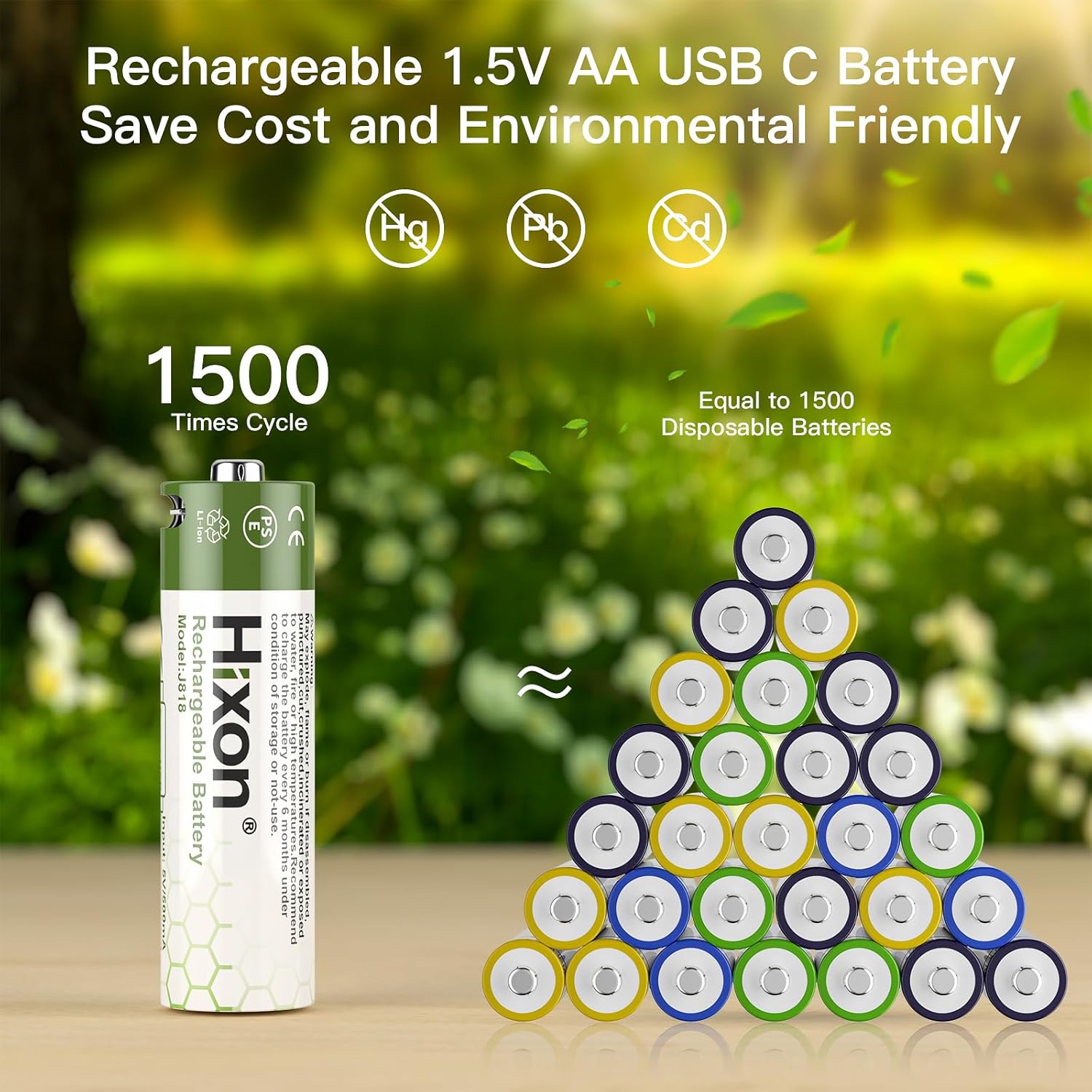 Hixon 1.5V USB Rechargeable Lithium Batteries AA Size,3000mWh Double AA Rechargeable Battery,Charges 1.5 Hours, Over 1000 Cycles, 4-in-1 USB-A to USB-C Charging Cable, LED Charge Indicator, 8-Pack