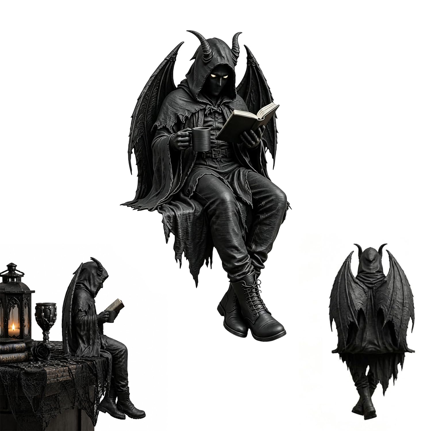 AUOQZ Gothic Dark Fantasy Skeleton Figurine 2026 Shadow Horror Reading Book Shelf Sitter Winged Figure Grim Reaper Resin Statue Reader Death Seated Figurines Sculpture Home Decor (Demon)