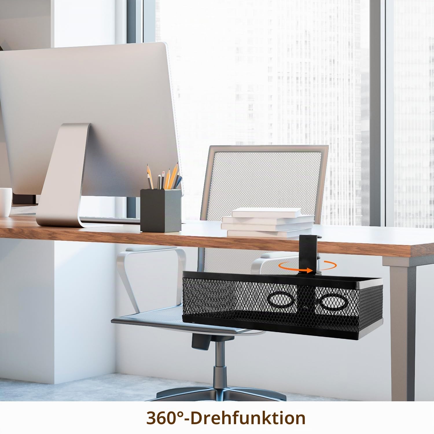 QWORK® Untertisch-Aufbewahrung, Unter-Schreibtisch-Organizer, 360° drehbar, Büroaufbewahrung im Klemmstil, Metallgeflecht-Design