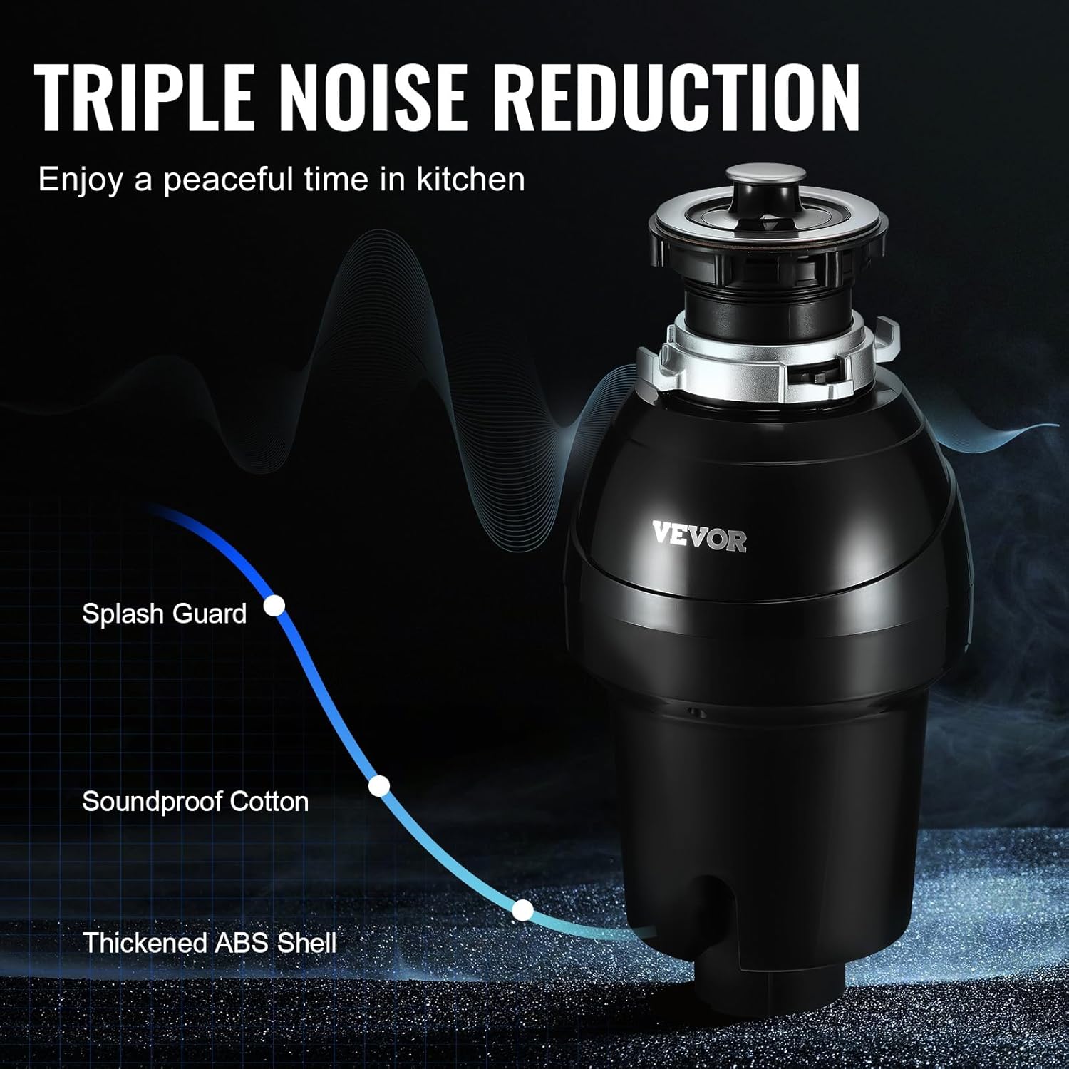 VEVOR Garbage Disposal, 1HP 3270RPM DC Motor, Continuous Feed Food Waste Sink Disposer, EZ Connect Food Waste Grinding System with Sound Reduction, Power Cord and Splash Guard, for Kitchen