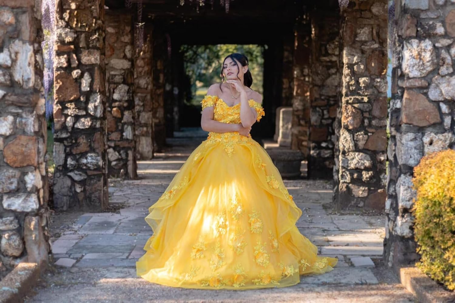Women's 3D Floral Sparkly Tulle Ball Gown Quinceanera Dresses Long Puffy Sweet 16 Prom Party Gowns