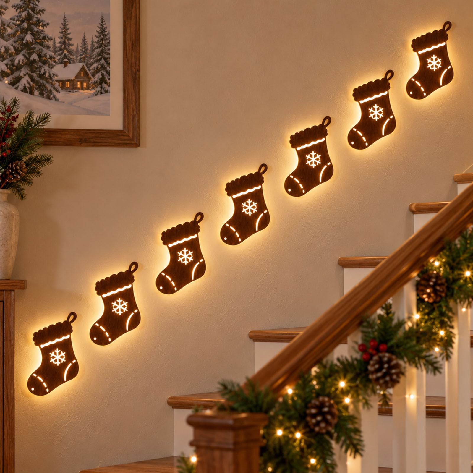 7pcs 3D Light Up Wooden Stocking Christmas Wall Decor with Warm LED