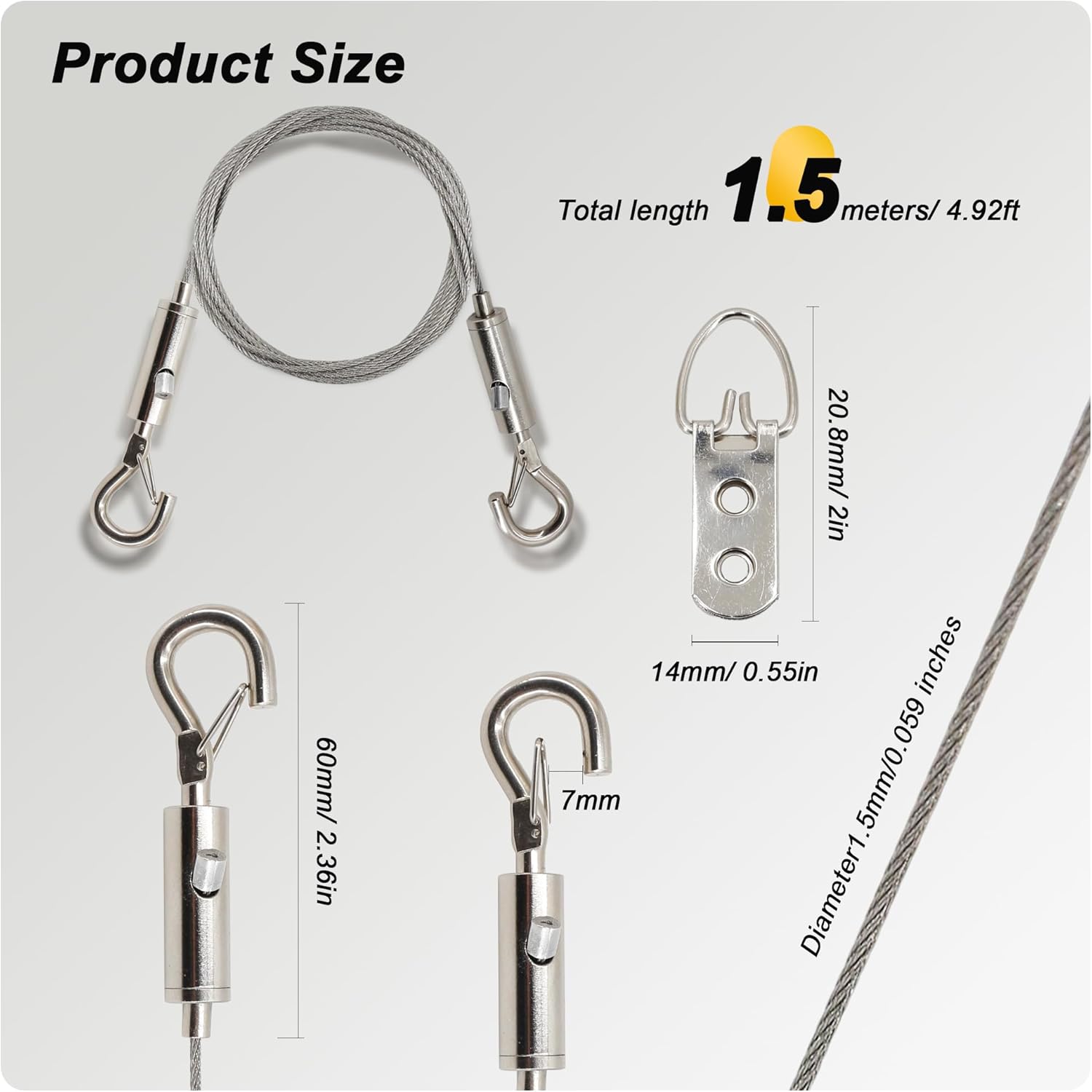 Picture Hanging Wire Kit Adjustable Stainless Steel Hanging Wire with 2-Hole D-Rings Picture Hangers and Screws for Mirrors Frames Artwork Light Lamp Billboards Basket Flowerpot (1.5M-4.92FT)